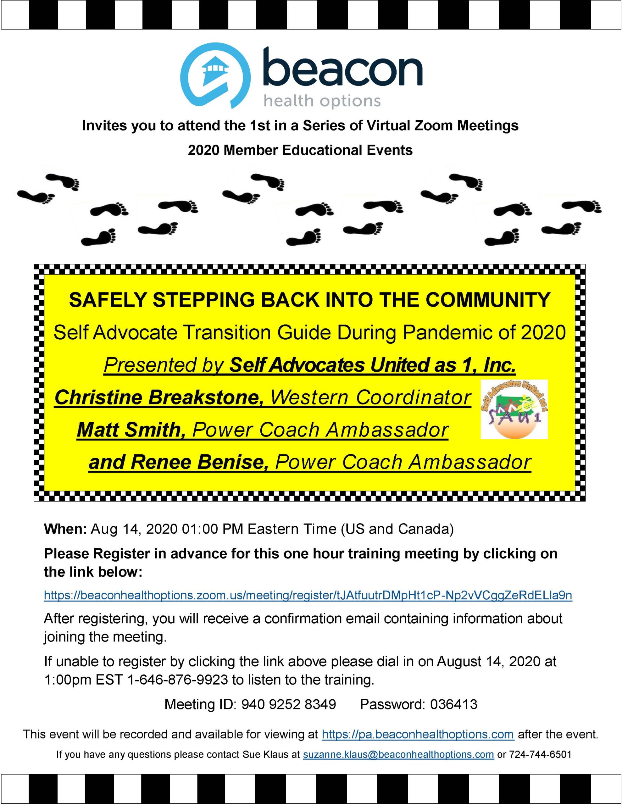 Advertisement for the Beacon Health Options August 14, 2020 Member Training on Stepping Back into the Community